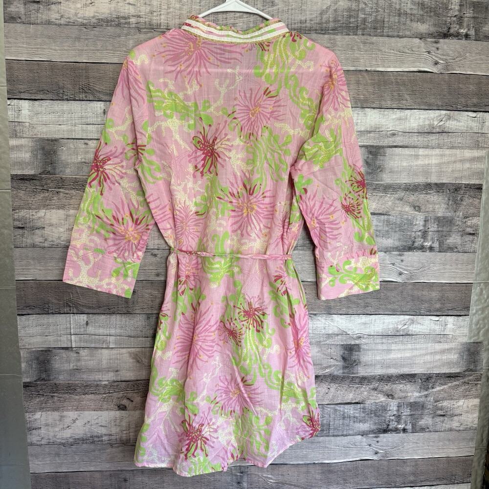 Lilly Pulitzer Pink Green Floral Tunic Dress Gold Embroidered Neck, Cover Up M - Picture 2 of 10